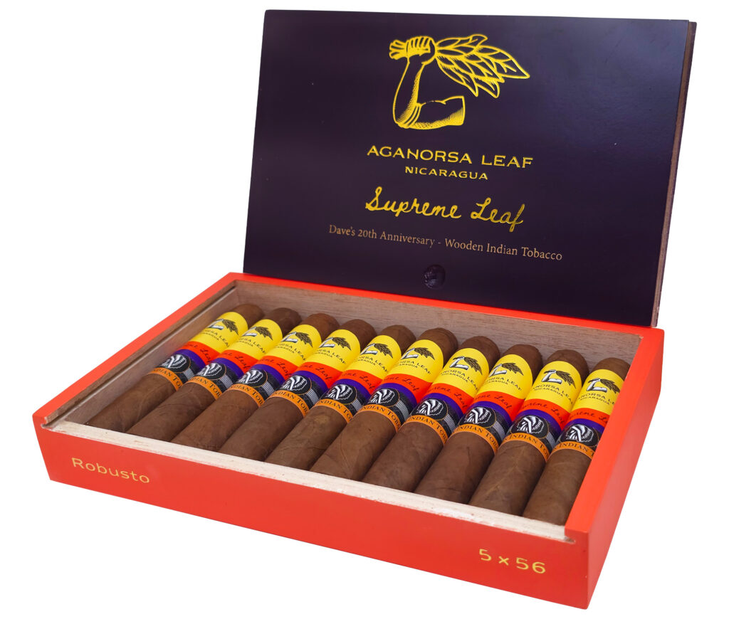 Aganorsa Leaf Unveils Supreme Leaf Gran Robusto Parejo for Dave Mayer’s 20th Anniversary at Wooden Indian Tobacco 3 Aganorsa Leaf Supreme Leaf Daves 20th Anniversary Box Profile