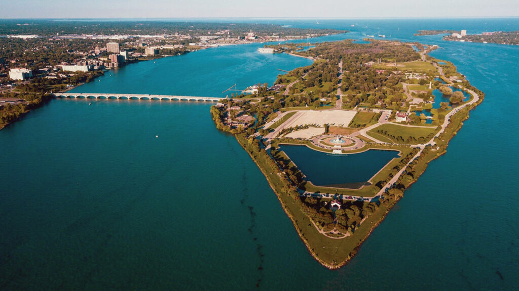 Belle Isle sits in the Detroit river on the U.S. Canada border