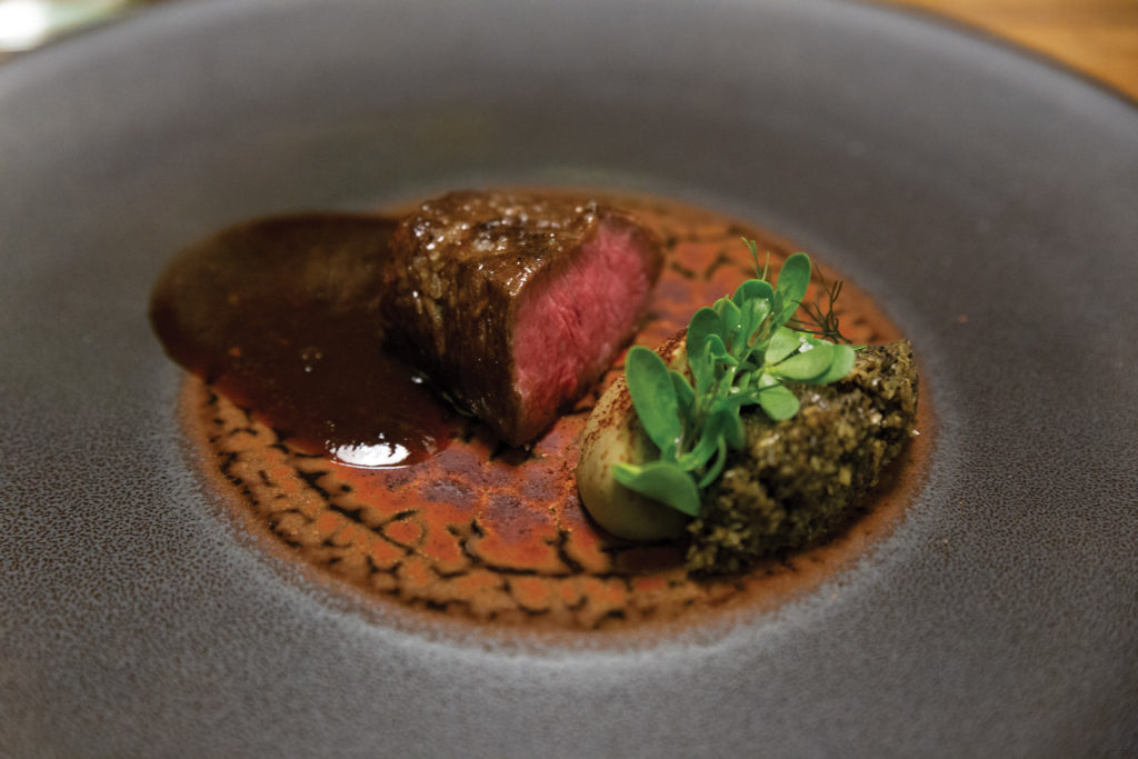 Dishes on the tasting menu at Quintonil (steak with eggplant, pico de gallo, marrow and beetles)