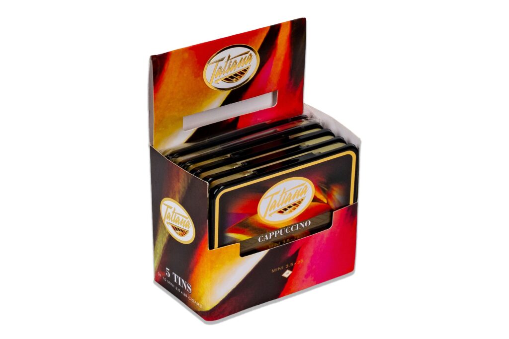 Tatiana Cappuccino And Amaretto Classic Size And Tin Formats Now Shipping 2 Tatiana 5 Tins of 10 Mini CappuccinoLeft copy