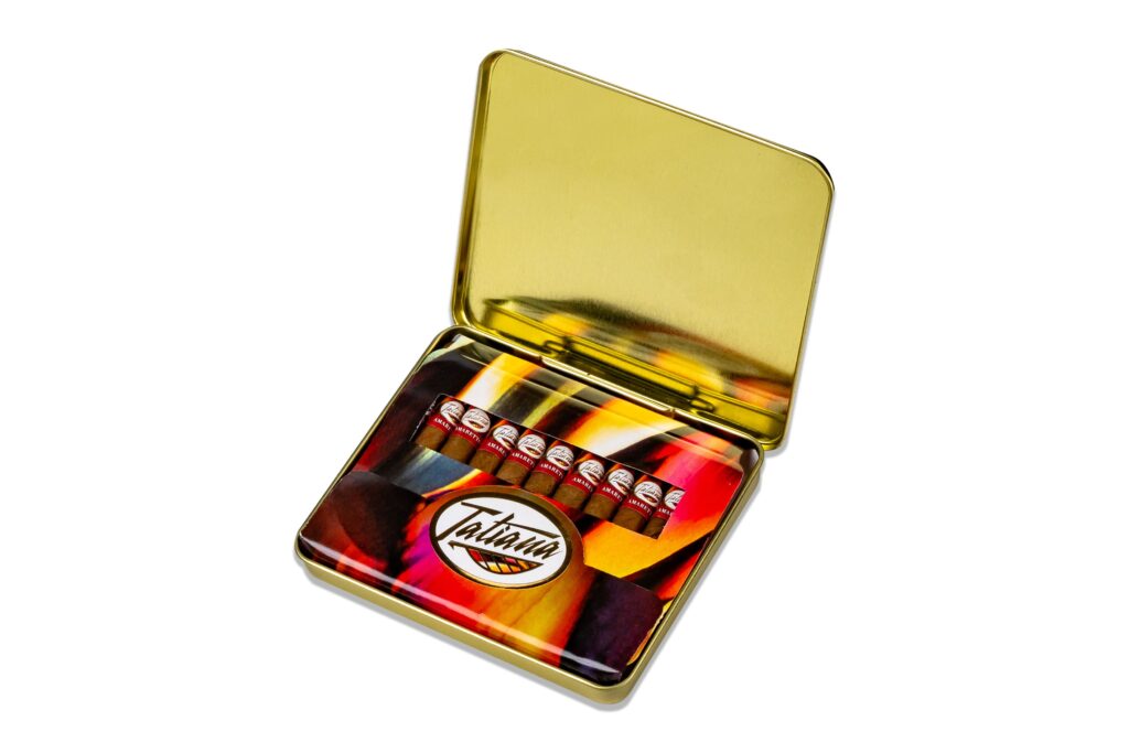 Tatiana Cappuccino And Amaretto Classic Size And Tin Formats Now Shipping 1 Tatiana 5 Tins of 10 mini Amaretto Single Tin Open Right copy