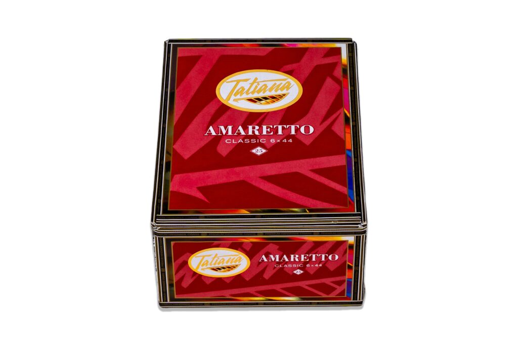 Tatiana Cappuccino And Amaretto Classic Size And Tin Formats Now Shipping 3 Tatiana Amaretto Classic 6x44 Box Closed Front copy