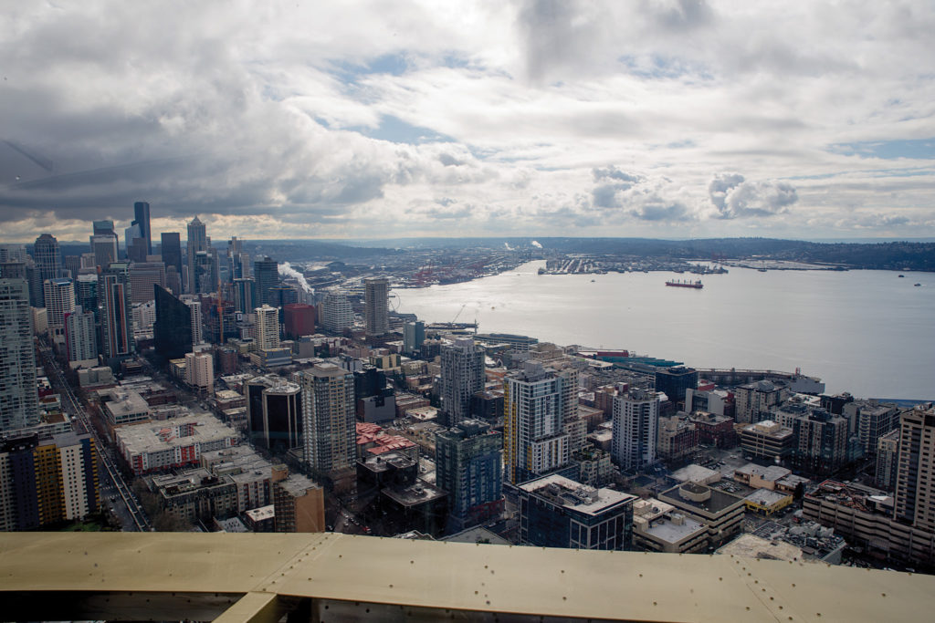 The view of downtown Seattle from the Space Needle’s observation deck
